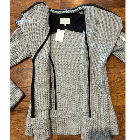 IRO Women's Chelane Leather Trim Waffle Knit Full Zip Sweater Gray/Black Size 36 - Picture 3 of 9